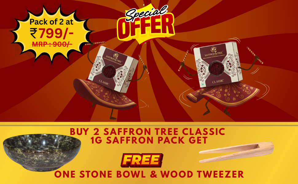 Festival offer Buy 2 Packs of Classic Saffron 1 g and get a FREE Rainforest Stone Bowl & Tweezer! SaffronTree