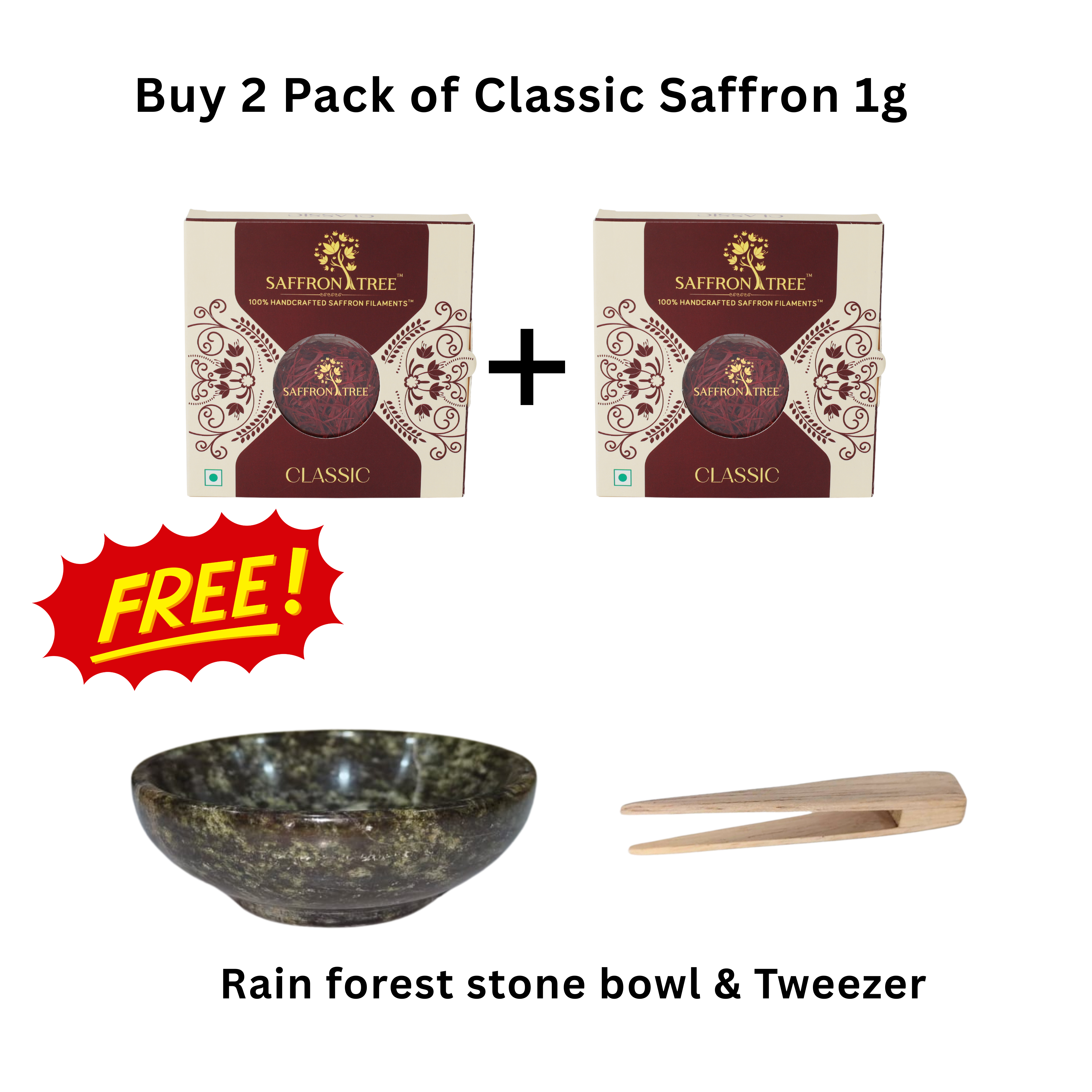 Buy 2 Packs of Classic Saffron 1 g and get a FREE Rainforest Stone Bowl & Tweezer!